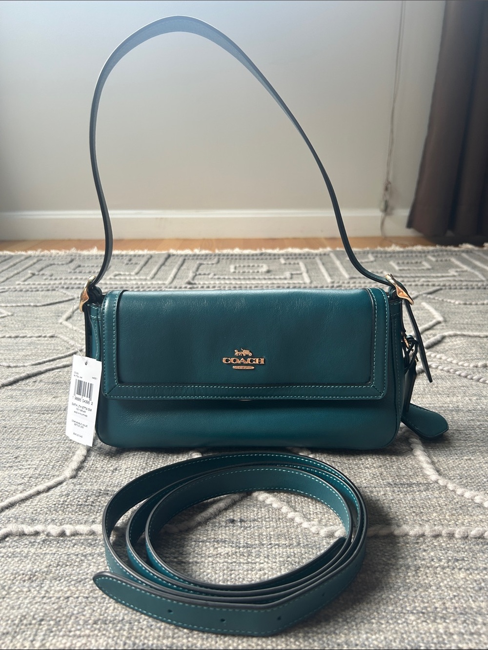 NWT Coach Teal Leather Etta Shoulder Bag with Gold Hardware and Crossbody Strap